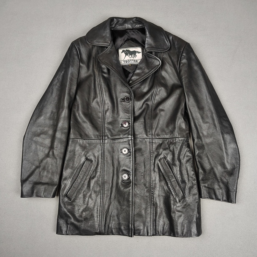 Vintage Trotter Leather Jacket Women *Large Black Button Up Long Coat Heavy GC
